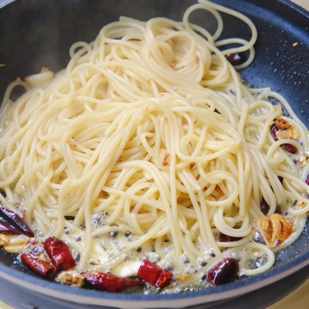 Spaghetti mieszane z łodygami kolendry i wrzącą wodą na patelni.