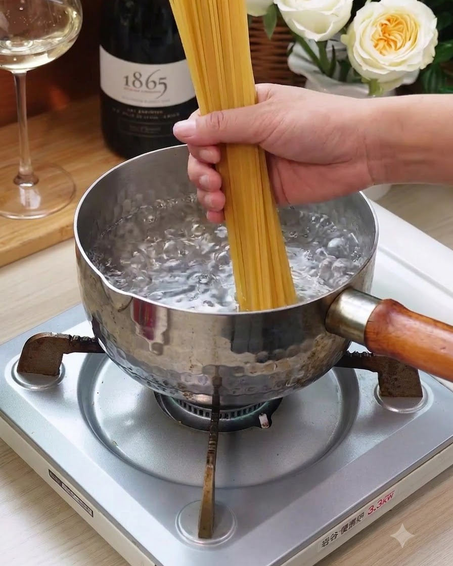 Wiązka suchego makaronu spaghetti wkładana do garnka z wrzącą wodą na kuchence.