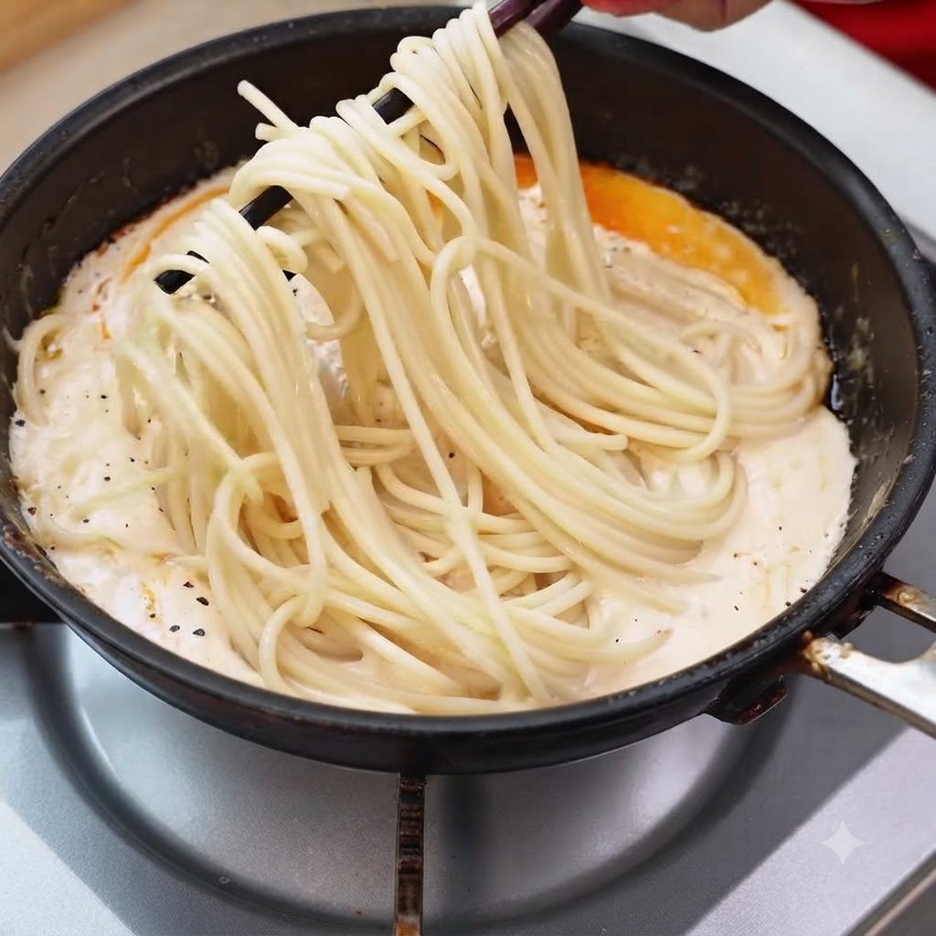 Ugotowane nitki spaghetti unoszone pałeczkami w kremowym sosie z patelni z krewetkami.