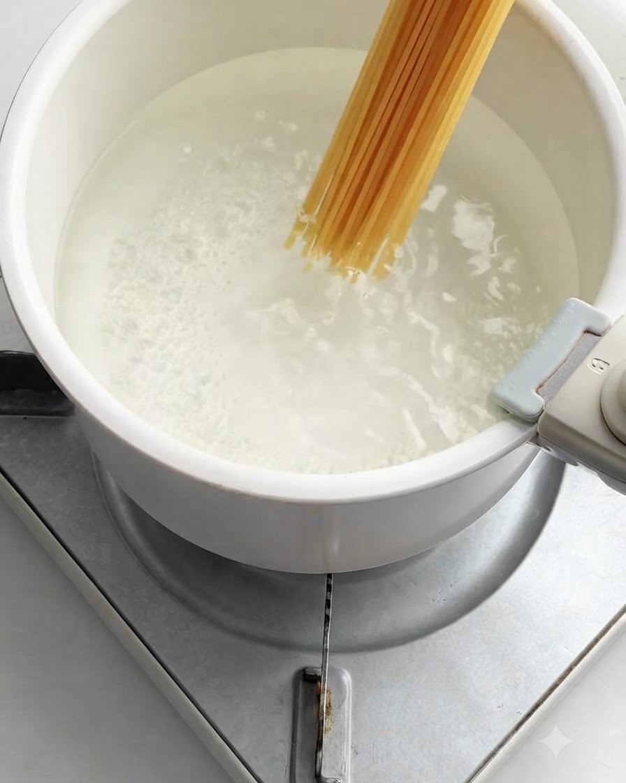 Pęczek długich nitek spaghetti wrzucanych do białego garnka z gotującą się, osoloną wodą na kuchence.