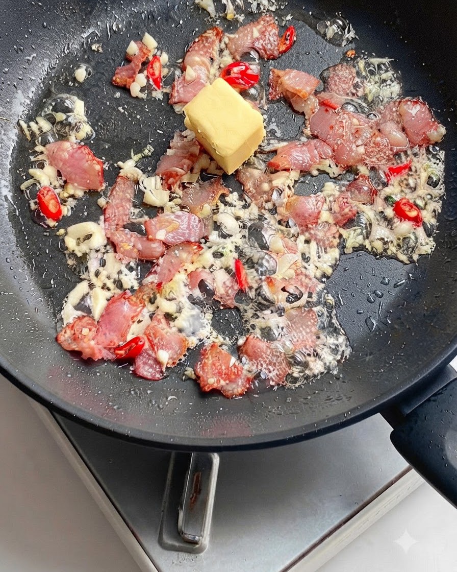 Kostka żółtego masła topiąca się wśród boczku, czosnku i chili na patelni.