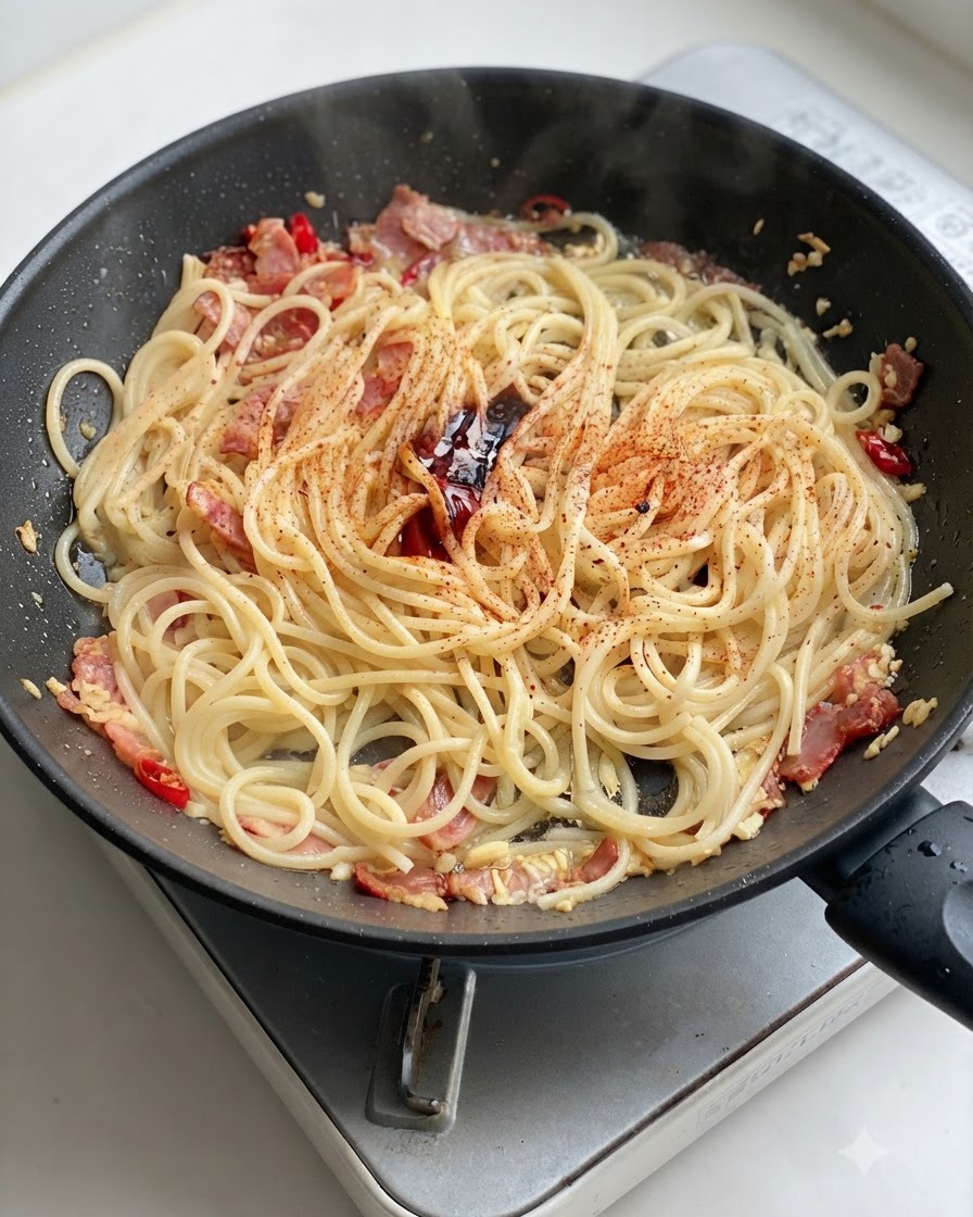 Świeży czarny pieprz mielony nad doprawianym spaghetti na patelni.