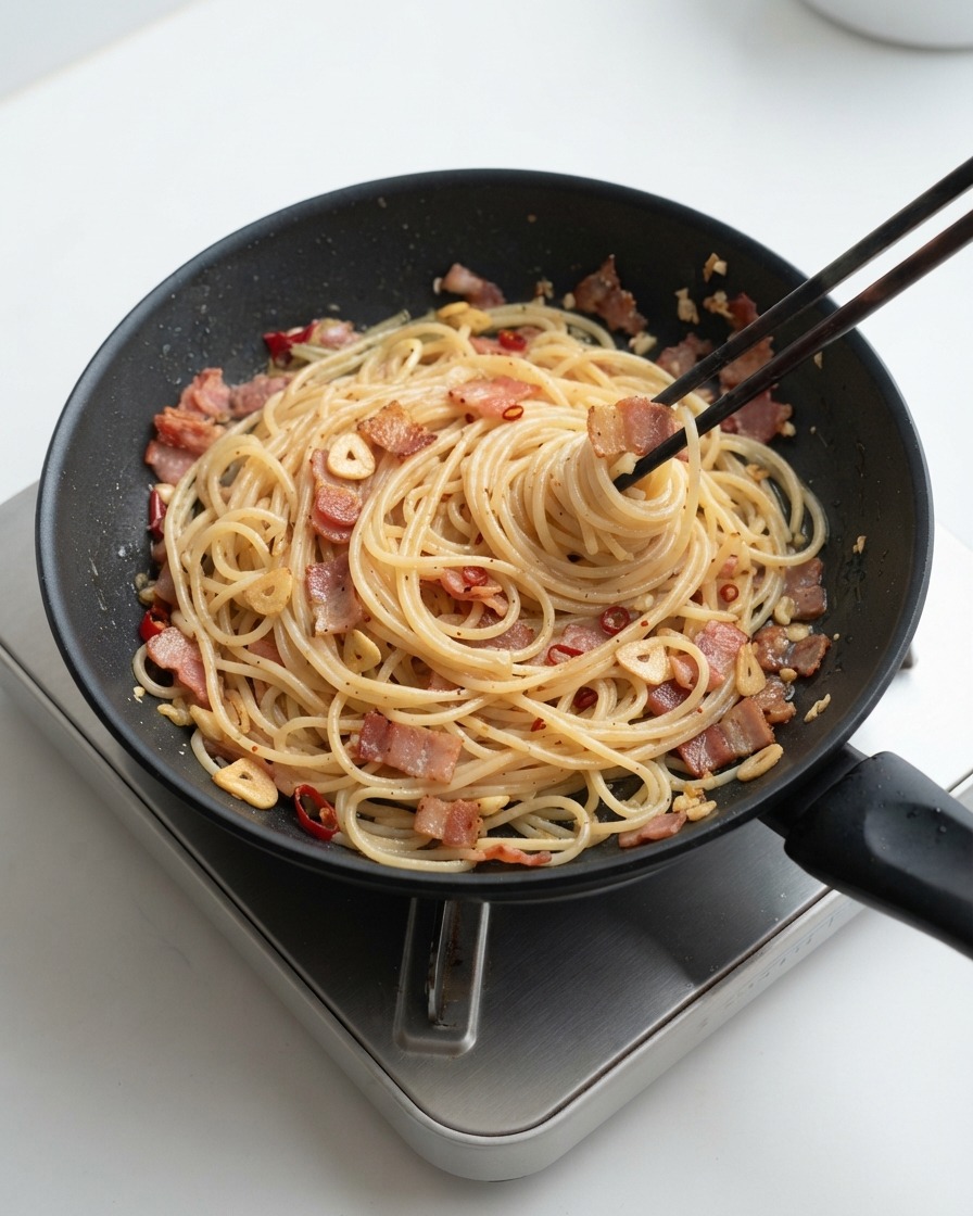 Nitki spaghetti mieszane pałeczkami na patelni z boczkiem i sosem czosnkowym.