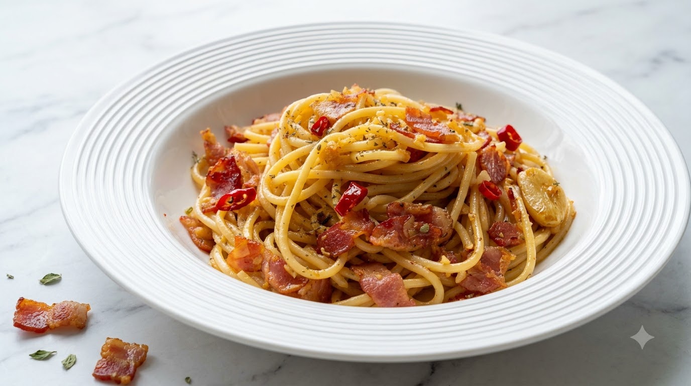 Makaron z boczkiem, masłem, czosnkiem, chili i sosem ostrygowym