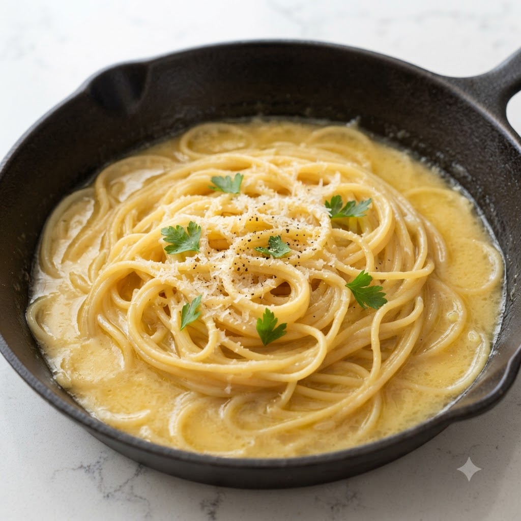 Spaghetti duszące się na żeliwnej patelni, pokryte błyszczącą, złotą emulsją z bulionu z małży i ozdobione pietruszką.