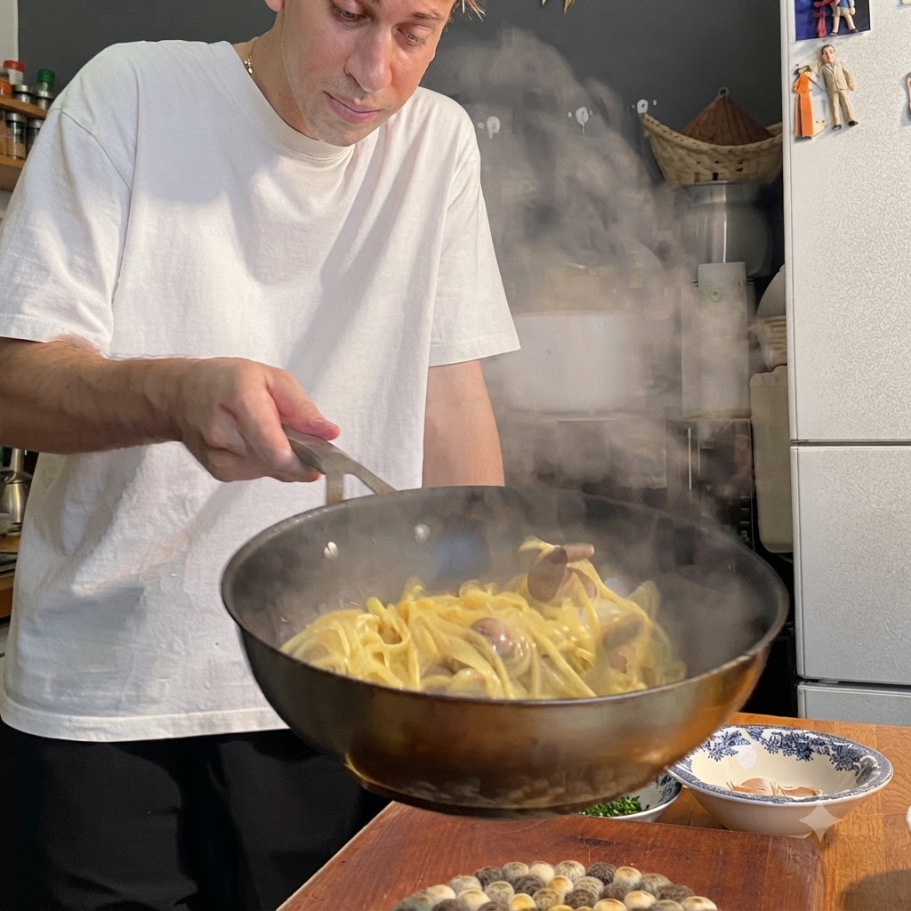 Kucharz trzymający uchwyt patelni podczas podrzucania spaghetti i małży pośród unoszącej się pary w kuchni.