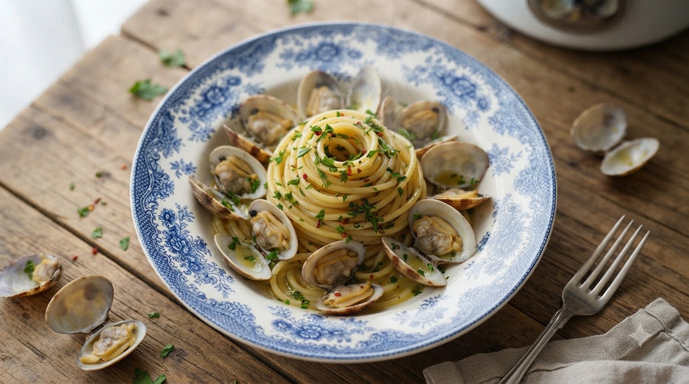 Klasyczne włoskie Spaghetti alle Vongole (Spaghetti z małżami)