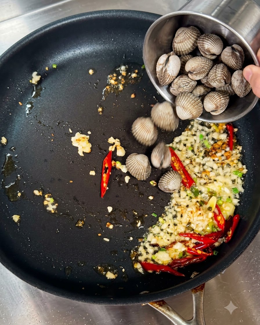 Świeże małże wsypywane z małego metalowego kubka na patelnię z podsmażonym czosnkiem i papryczkami chili.