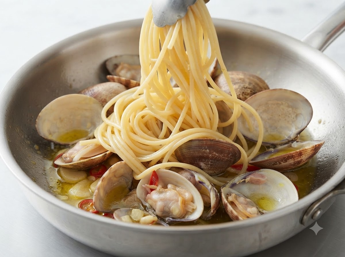 Porcja ugotowanego spaghetti unoszona za pomocą szczypiec i umieszczana na patelni zawierającej ugotowane małże.