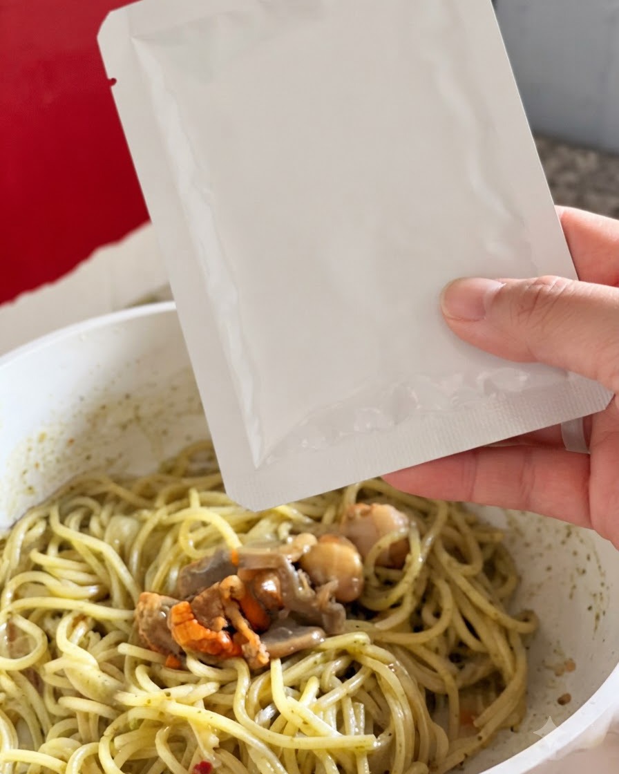 Ręka trzymająca białą foliową paczkę nad białą patelnią, wsypująca małże z warzywami do partii zielonego makaronu pesto.