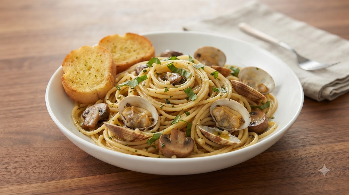 Talerz makaronu z małżami, czosnkiem, bazylią, spaghetti, grzybami i małżami w skorupkach, podawany z tostowanym chlebem