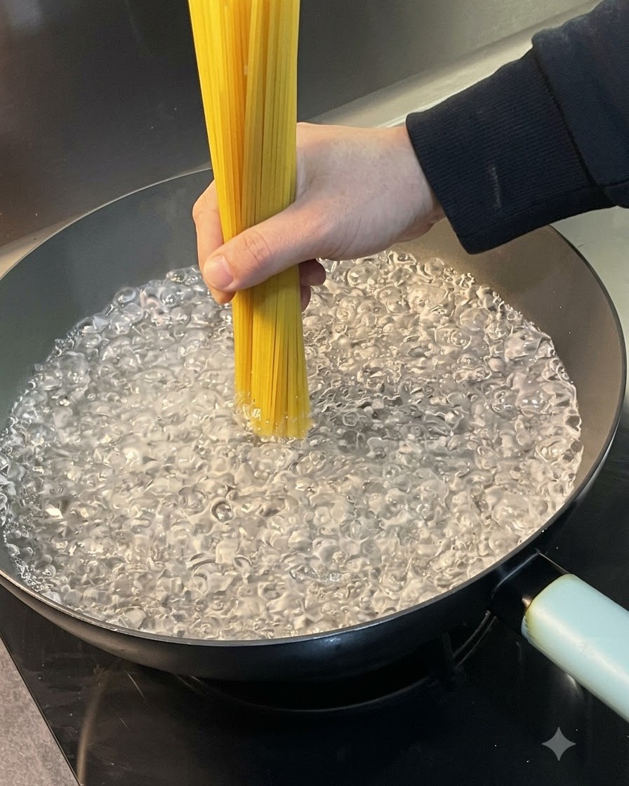 Surowe spaghetti zanurzane w garnku z gotującą się wodą.