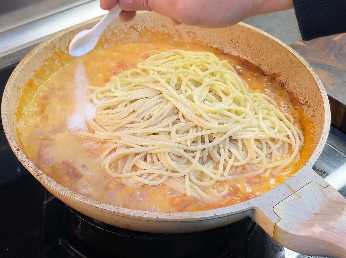 Łyżka soli sypana na ugotowane spaghetti w kremowym sosie pomidorowym na patelni.