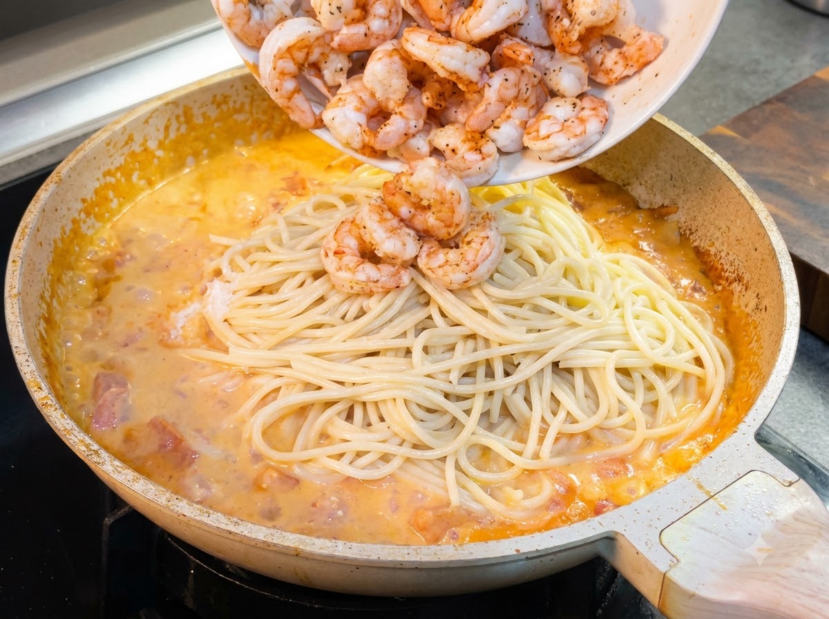 Usmażone krewetki zsuwane z białego talerza na patelnię pełną spaghetti i kremowego sosu.