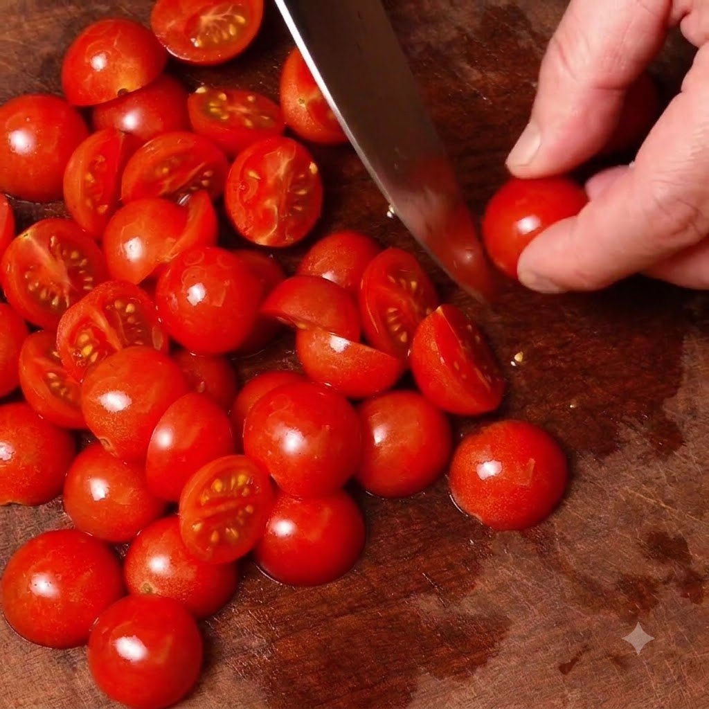 Pomidorki koktajlowe krojone na pół na drewnianej desce do krojenia za pomocą noża.