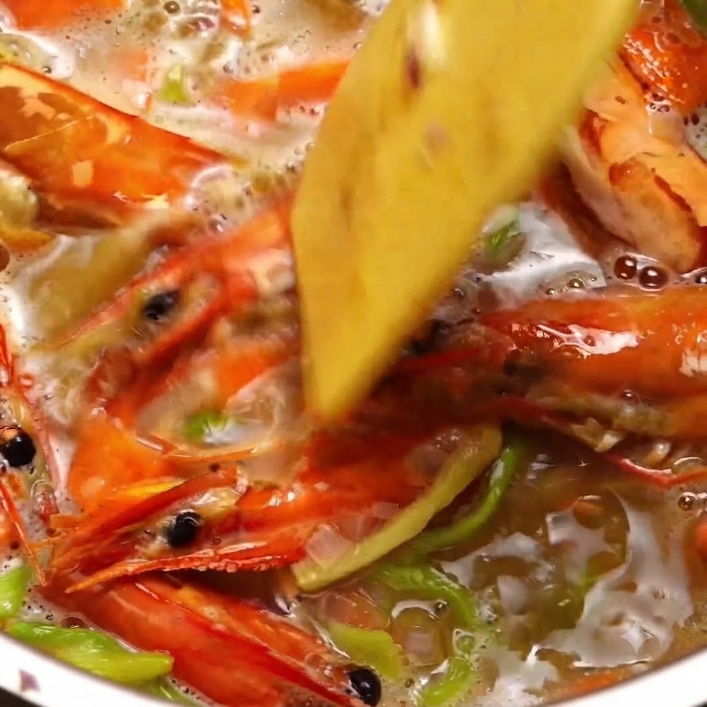 Canned peeled tomatoes and water being stirred into a simmering cooking pot.