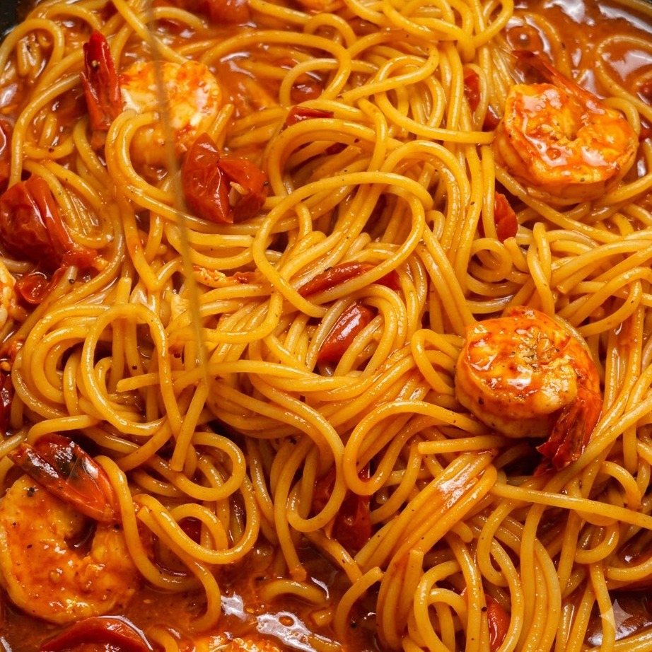 Kluski spaghetti i ugotowane krewetki mieszane razem w gęstym czerwonym sosie pomidorowym na patelni.