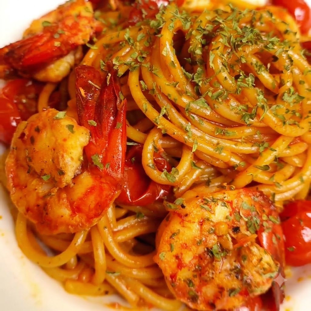 Zbliżenie na spaghetti z krewetkami podane na talerzu i udekorowane posiekaną zieloną pietruszką.