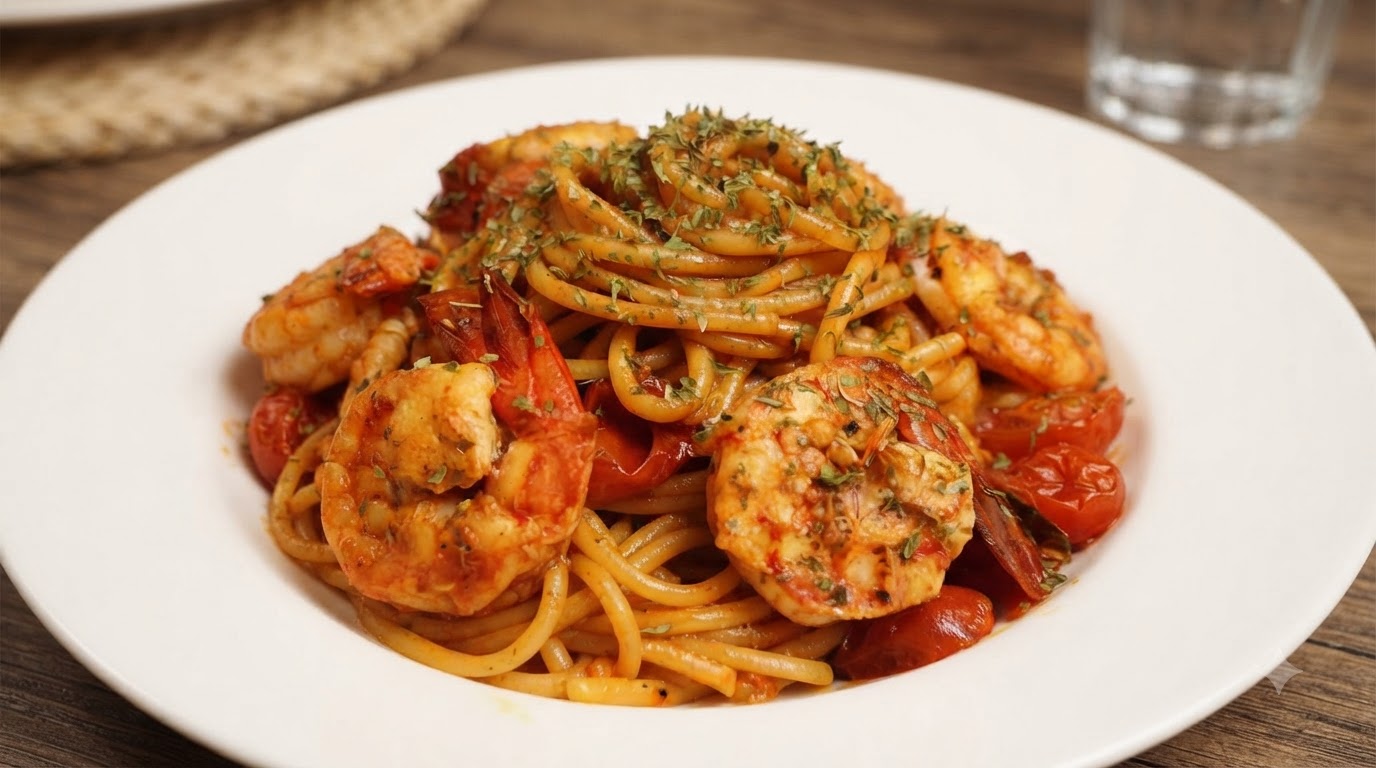 Domowe Spaghetti z Krewetkami w Sosie Pomidorowym