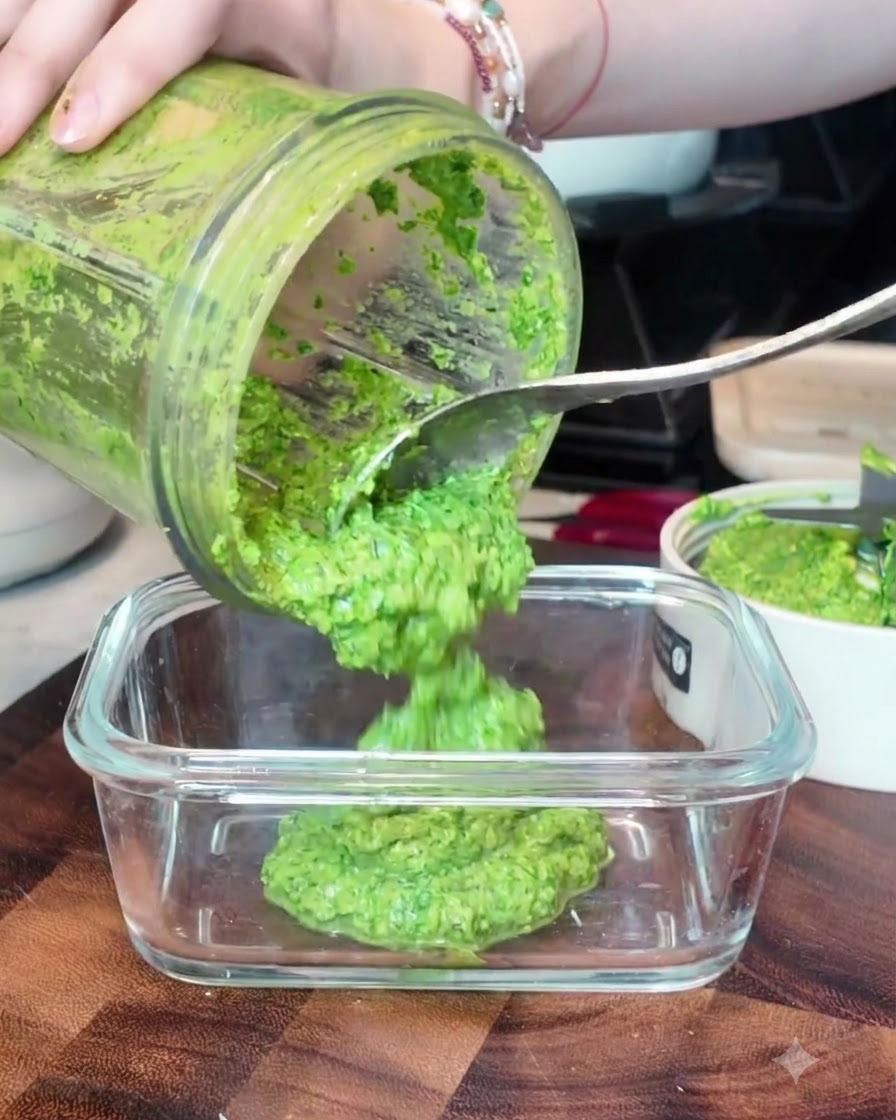 Żywo zielone pesto bazyliowe nakładane łyżką z dzbana blendera do czystego szklanego pojemnika.