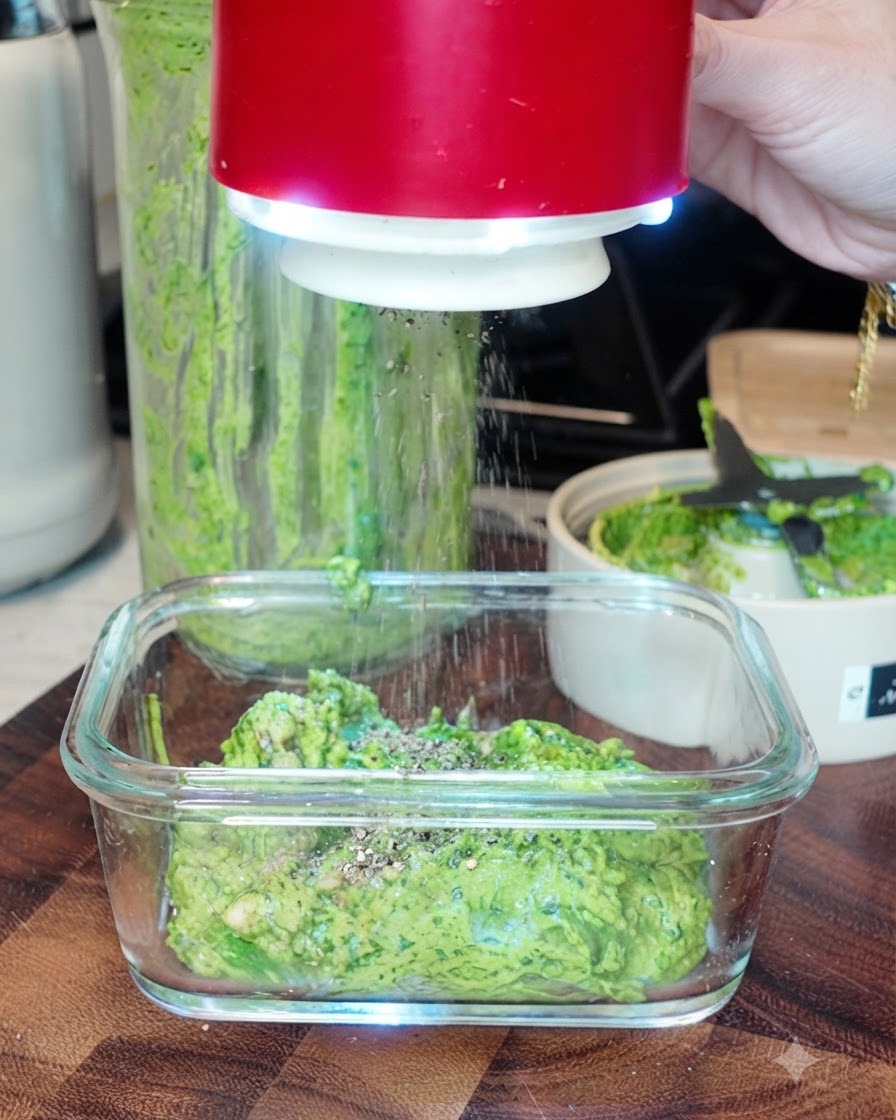 Czarny pieprz i sól morska posypywane z czerwonej solniczki na zielone pesto bazyliowe w prostokątnym szklanym naczyniu.