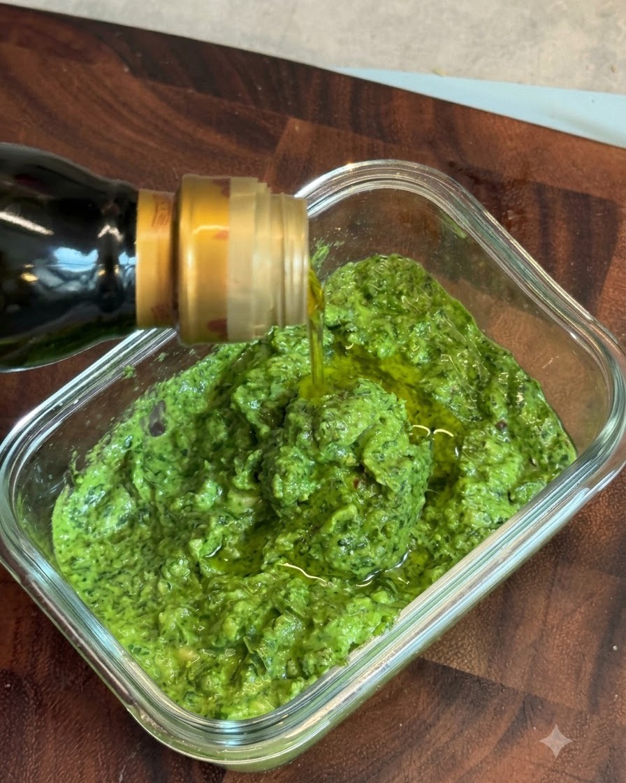 Oliwa z oliwek wlewana ze szklanej butelki w celu utworzenia warstwy ochronnej nad żywym zielonym pesto bazyliowym.