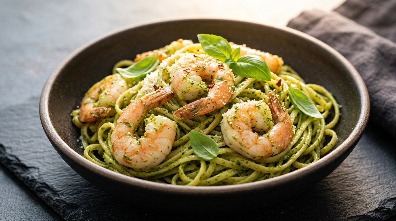 Makaron z Krewetkami i Świeżym Pesto z Bazylii