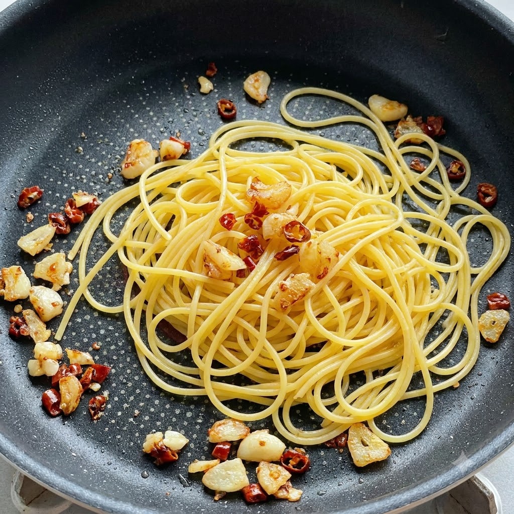 Ugotowane nitki makaronu spaghetti leżące na patelni obok podsmażonego czosnku i kawałków chili.