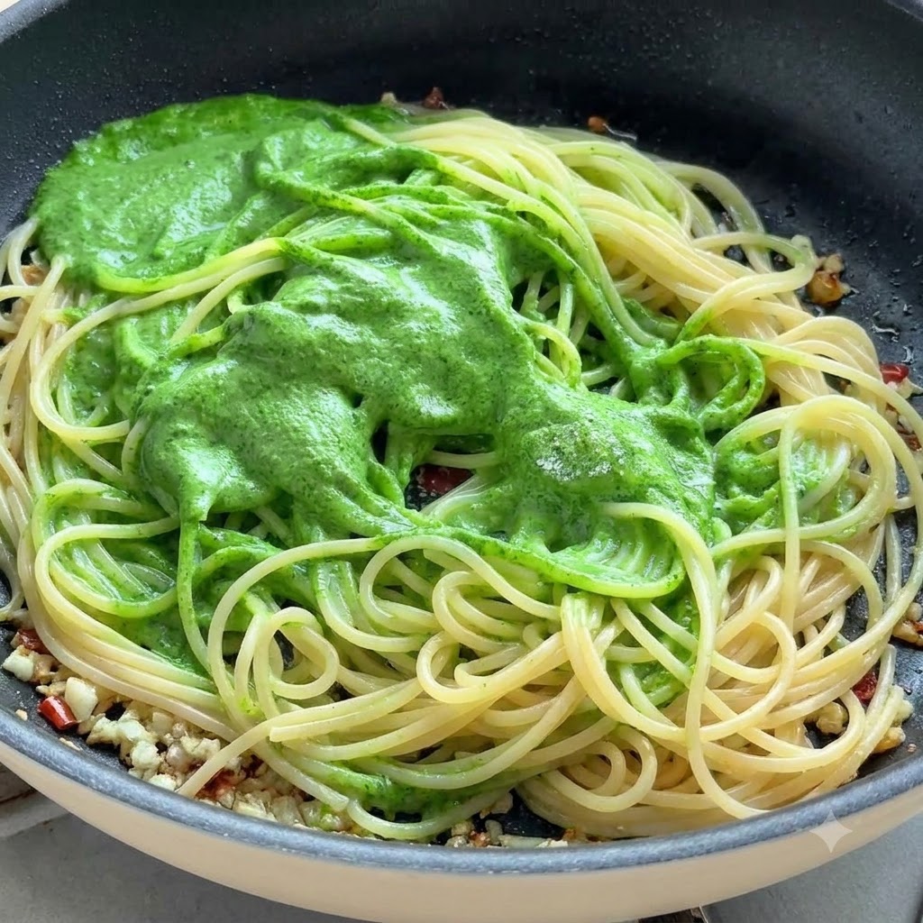 Nitki spaghetti i zielone sos pesto mieszane i przewracane na patelni za pomocą szczypiec kuchennych.