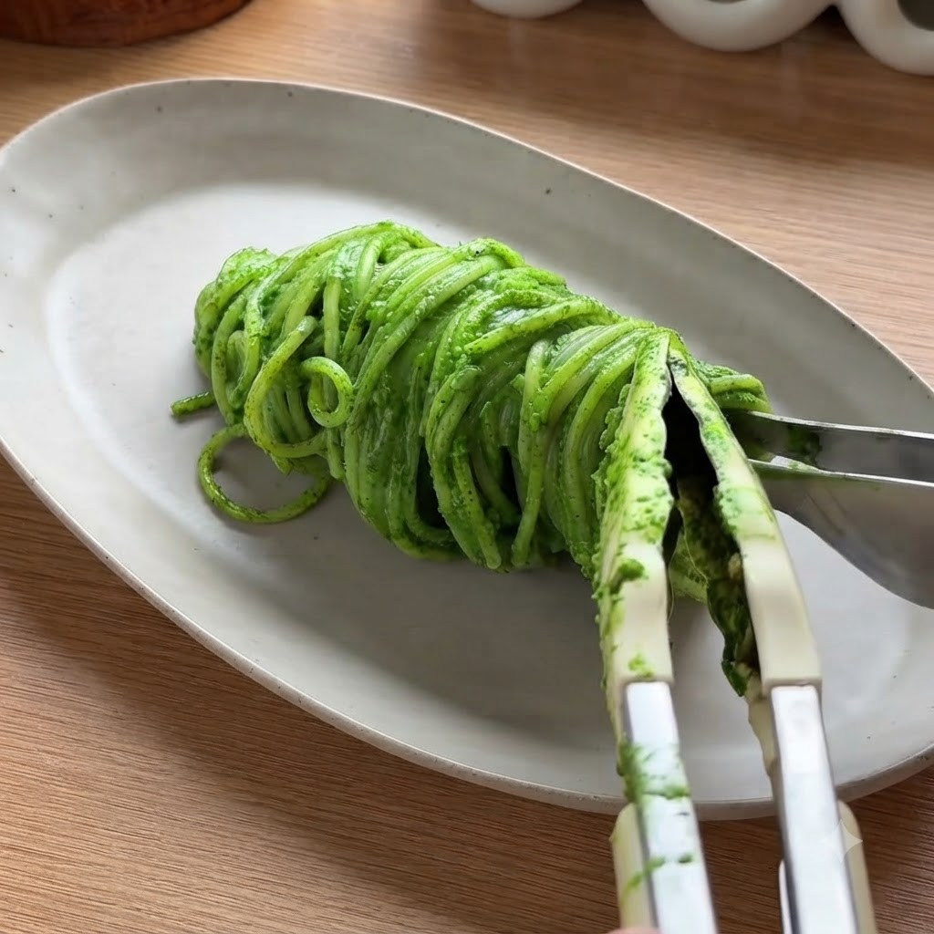Szczypce trzymające i układające schludnie zwiniętą porcję zielonego spaghetti z pesto na białym owalnym talerzu.