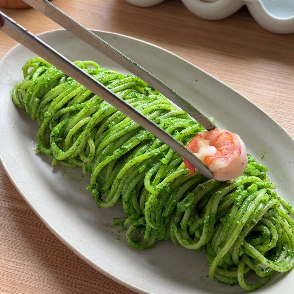 Para szczypiec układająca ugotowaną różową krewetkę na wierzchu ułożonego na talerzu zielonego spaghetti z pesto.
