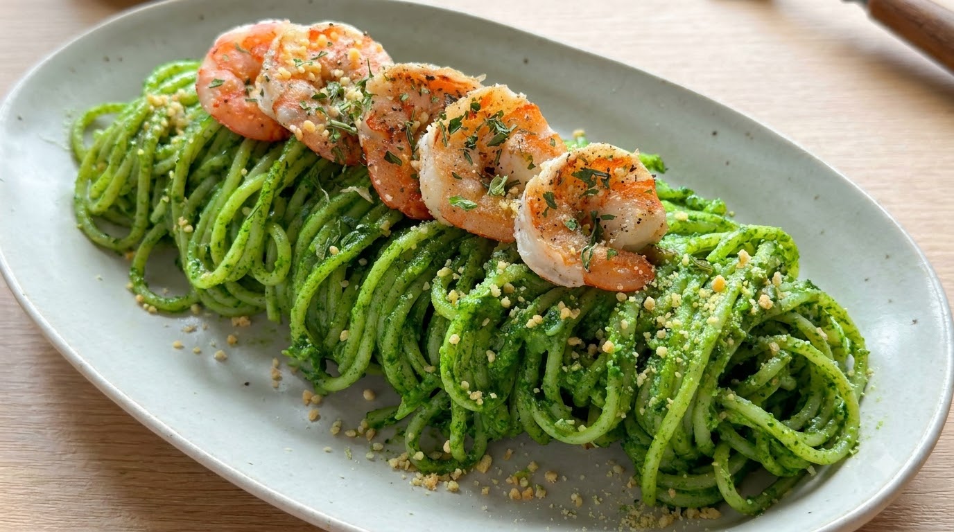 Makaron z Pesto z Czarnej Trufli i Krewetkami