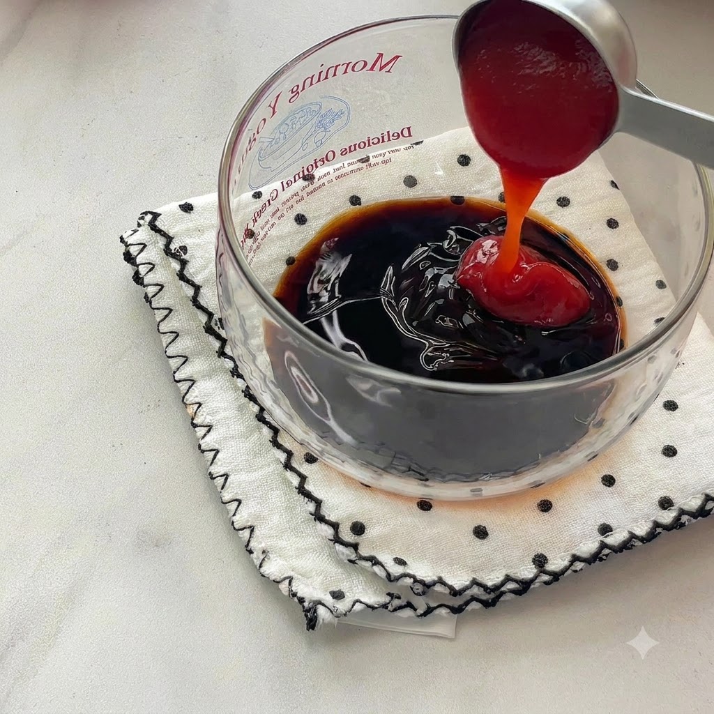 Czerwony ketchup wlewany metalową łyżką do przezroczystej miski wypełnionej ciemnym sosem sojowym.