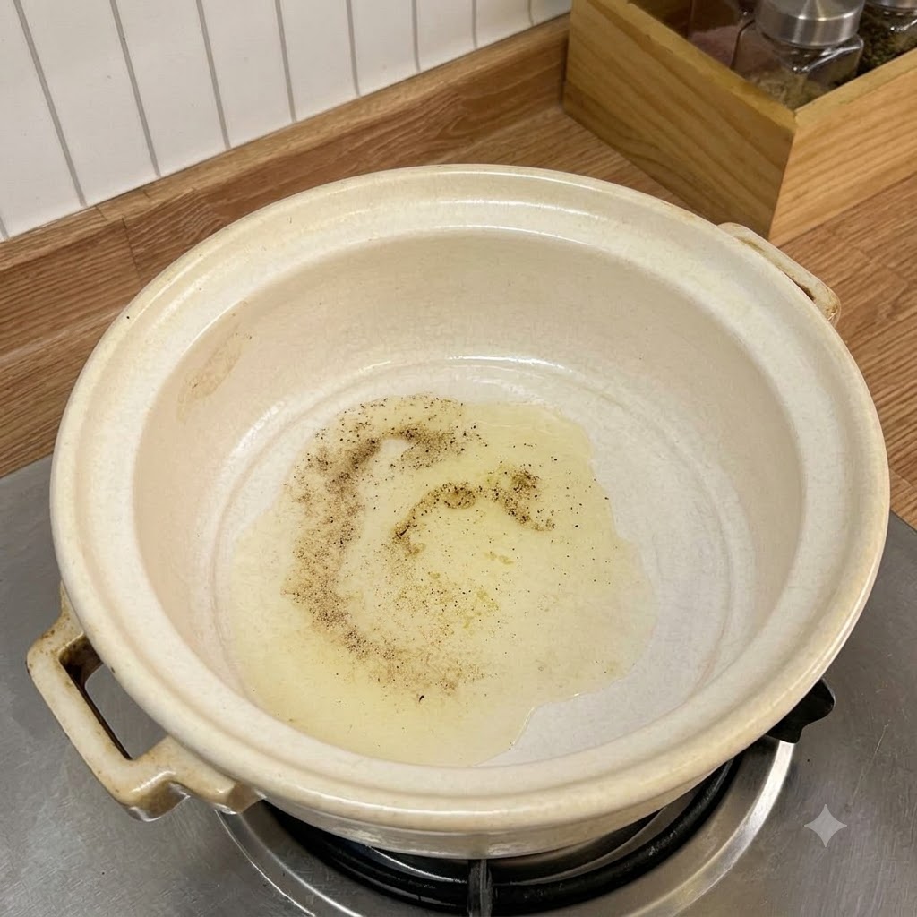 Posiekany czosnek skwierczący w gorącym oleju w ceramicznym garnku na palniku kuchenki.