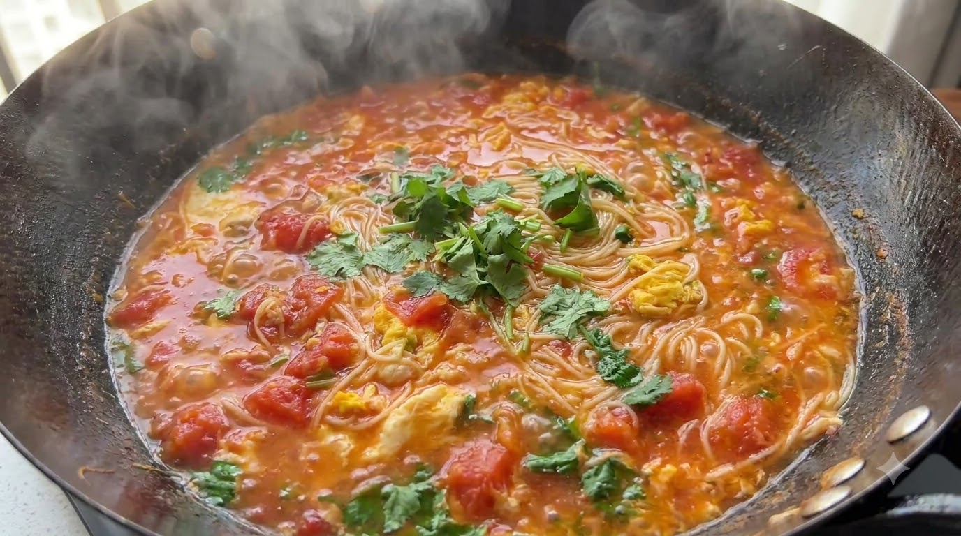 Bulgoczący wok z zupą makaronową z pomidorami i jajkiem posypany świeżą zieloną kolendrą