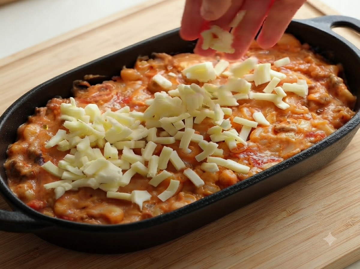 Ręka posypująca starty ser mozzarella równomiernie na wierzchu mieszanki makaronowej w czarnym naczyniu do zapiekania.