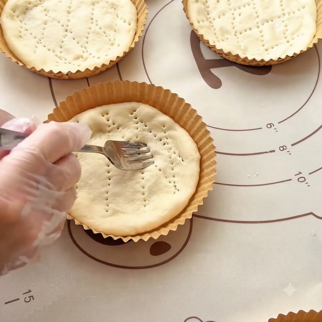Widelec nakłuwający dziurki na powierzchni uformowanego spodu mini pizzy w papierowej foremce.