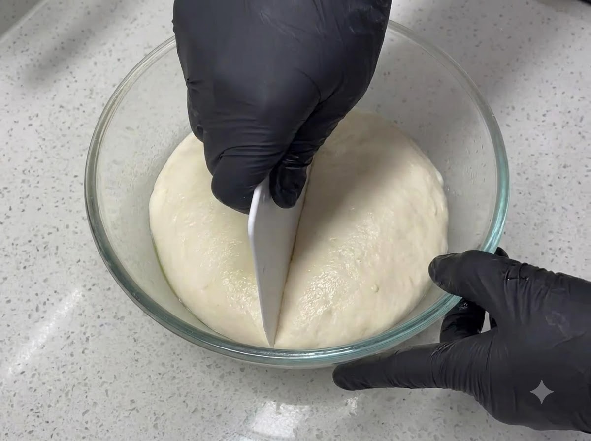 Para rąk w rękawiczkach używająca białej plastikowej skrobki do ciasta, aby przeciąć gładką, zaokrągloną kulę ciasta na pół wewnątrz przezroczystej szklanej miski.