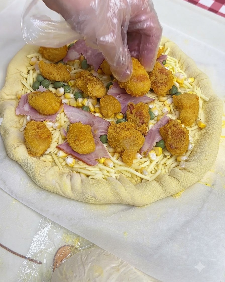 Dłoń w rękawiczce kładąca kawałki opanierowanego kurczaka na spód pizzy z serem, kukurydzą, groszkiem i boczkiem.