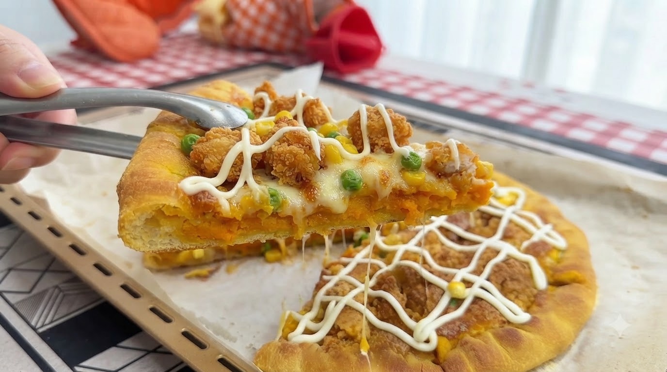 Świeżo upieczony kawałek pizzy z kurczakiem i solonym żółtkiem, prezentujący nadziewane batatami brzegi i apetyczne dodatki.