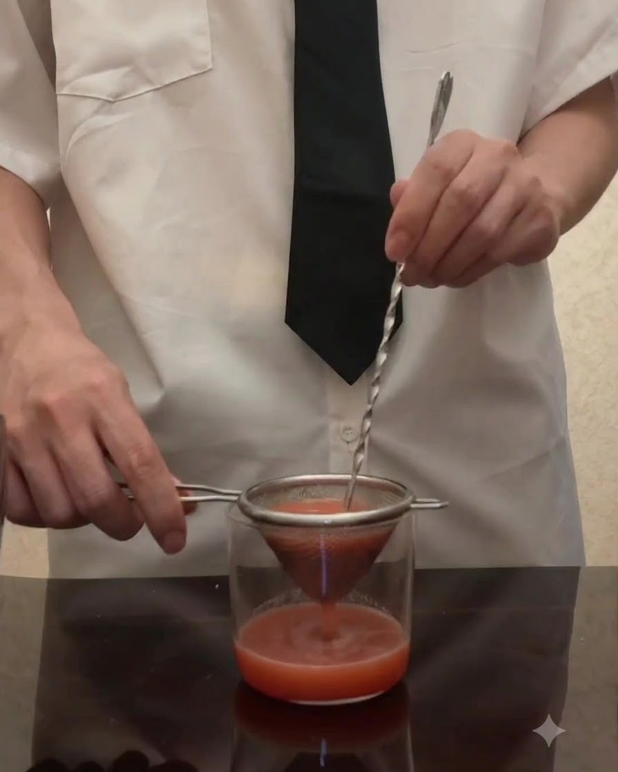 Puree pomidorowe przecedzane przez gęste, metalowe sitko stożkowe do szklanki za pomocą skręconej łyżki barmańskiej.