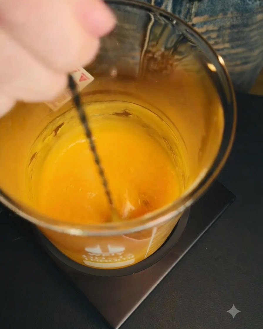 Łyżka z długą rączką mieszająca gładkie pomarańczowe purée z mango wewnątrz czystego szklanego naczynia umieszczonego na powierzchni grzewczej.