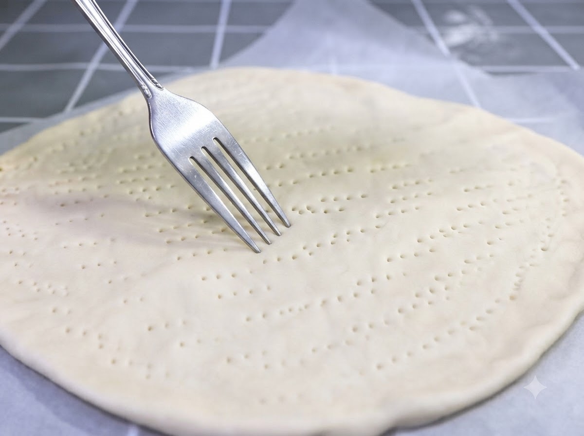 Widec wykonujący nakłucia wzdłuż środka uformowanego spodu do pizzy.