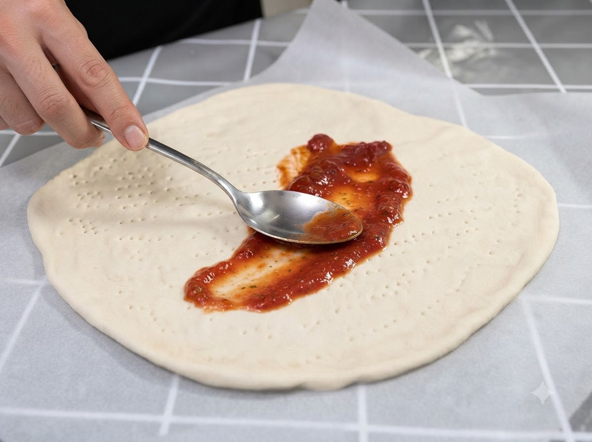 Metalowa łyżka rozprowadzająca porcję czerwonego sosu pomidorowego po środku jasnej bazy z ciasta na pizzę.