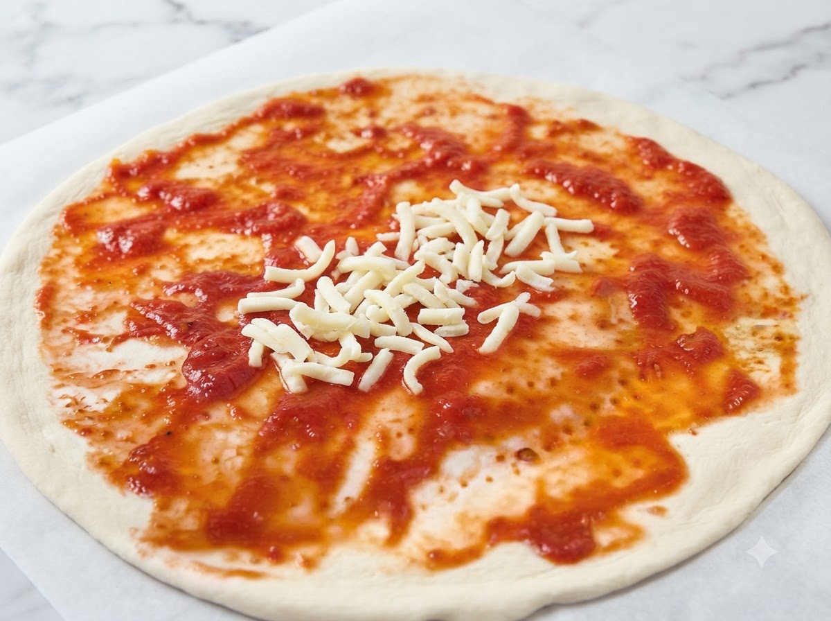 Garść startego białego sera mozzarella rozsypywana na bazie pizzy posmarowanej sosem pomidorowym.