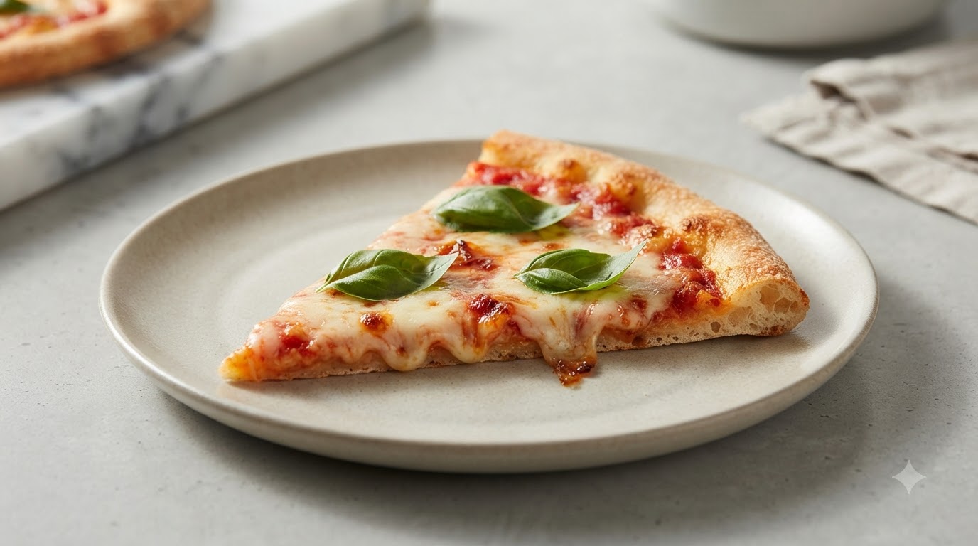 Zbliżenie pojedynczego kawałka domowej pizzy Margherita ukazujące chrupiący spód oraz roztopioną mozzarellę.