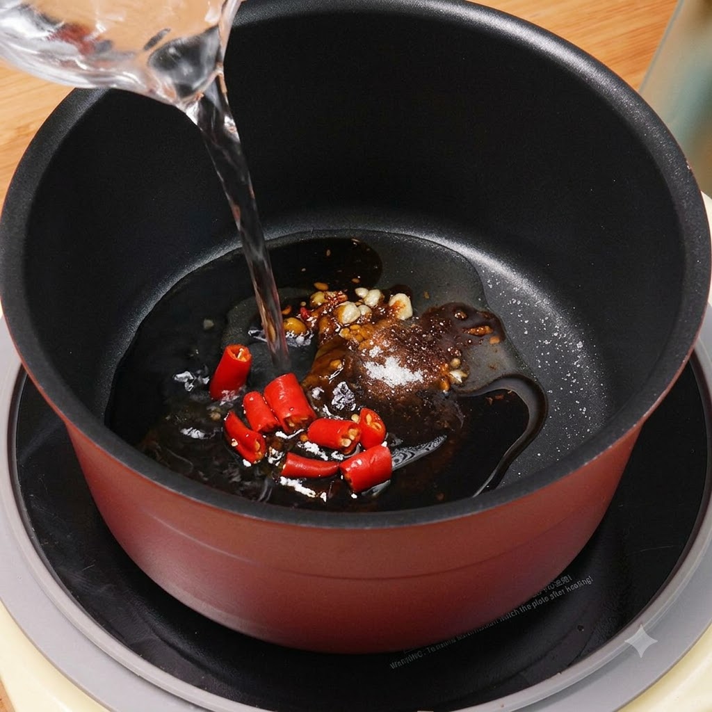 Czysta woda wlewana z miarki do garnka ze składnikami sosu i czerwonymi papryczkami chili.