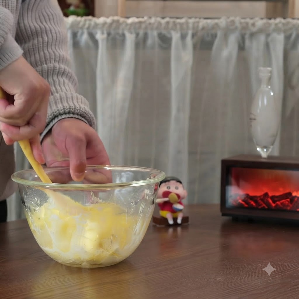 Przetarte żółtka jaj wますがane do bazy maślanej za pomocą żółtej łopatki.