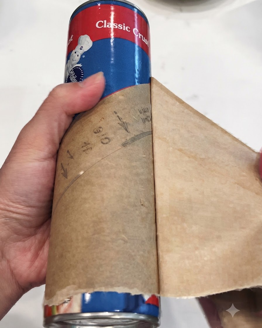 Dłoń rozwijająca ciasto do pizzy z tekturowego opakowania na papier do pieczenia.