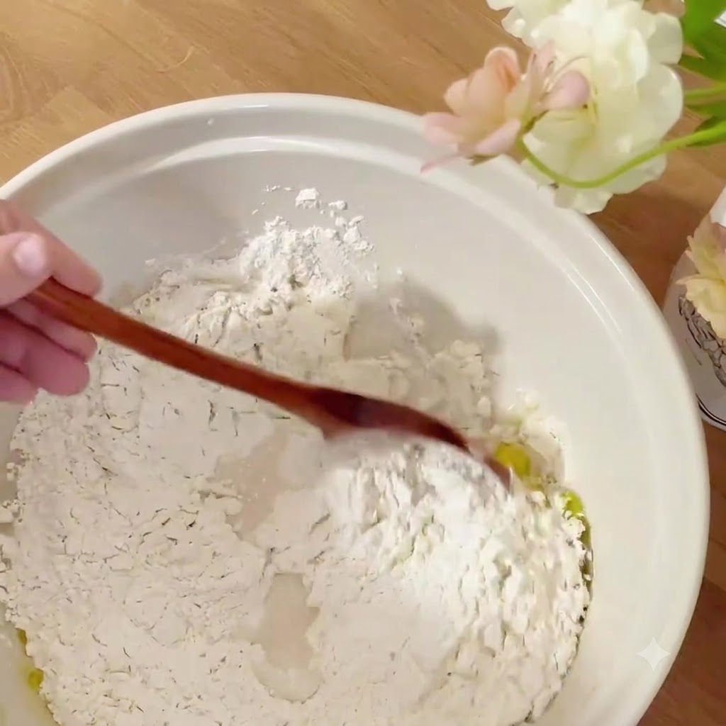 Drewniana łyżka mieszająca mąkę z wodą w białej ceramicznej misce.